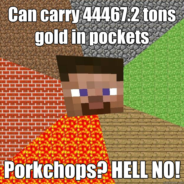 Can carry 44467.2 tons gold in pockets Porkchops? HELL NO!  Minecraft