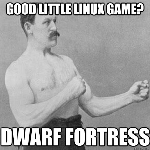 Good little linux game? Dwarf Fortress  overly manly man