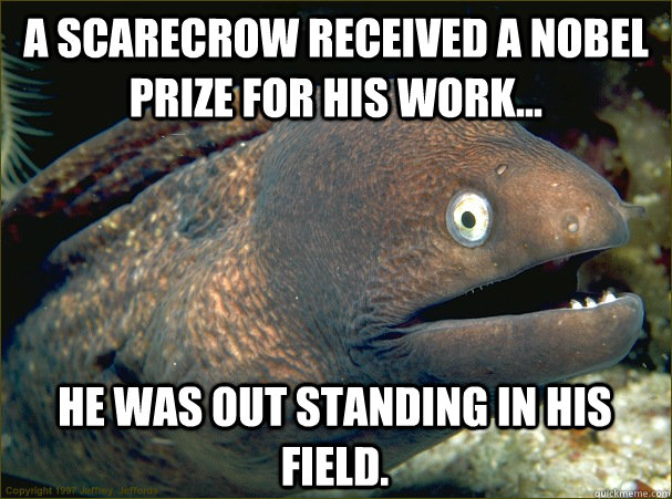 A scarecrow received a nobel prize for his work... He was out standing in his field.  Bad Joke Eel