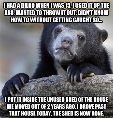 I had a dildo when I was 15, I used it up the ass, wanted to throw it out. Didn't know how to without getting caught so... i put it inside the unused shed of the house we moved out of 2 years ago. I drove past that house today, the shed is now gone.   Confession Bear