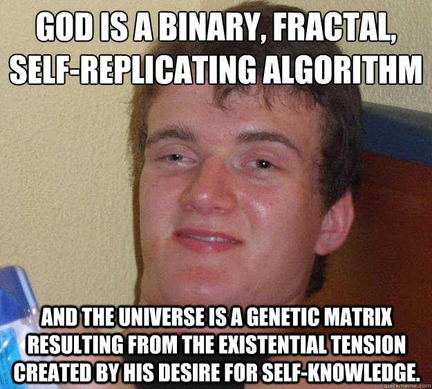 God is a binary, fractal, self-replicating algorithm 
 and the universe is a genetic matrix resulting from the existential tension created by His desire for self-knowledge.  10 Guy