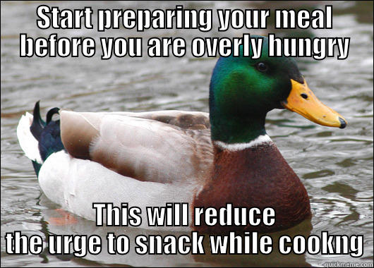 After a whole bag of chips and a tub of dip... - START PREPARING YOUR MEAL BEFORE YOU ARE OVERLY HUNGRY THIS WILL REDUCE THE URGE TO SNACK WHILE COOKNG Actual Advice Mallard