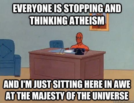 Everyone is stopping and thinking atheism and I'm just sitting here in awe at the majesty of the universe   masturbating spiderman