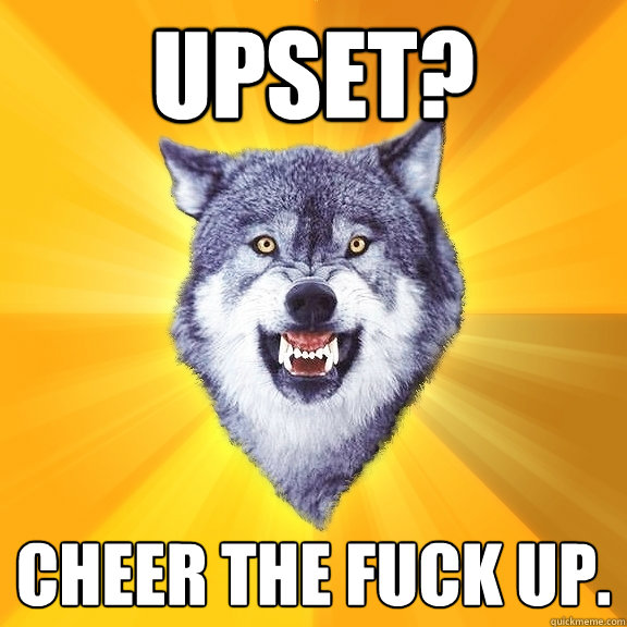 upset? cheer the fuck up.  Courage Wolf