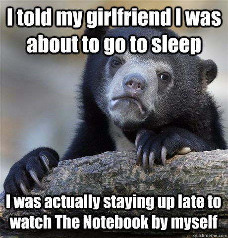 I told my girlfriend I was about to go to sleep I was actually staying up late to watch The Notebook by myself  Confession Bear