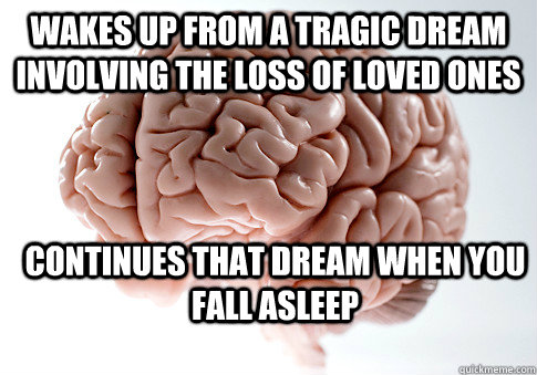 Wakes up from a tragic dream involving the loss of loved ones Continues that dream when you fall asleep  Scumbag Brain