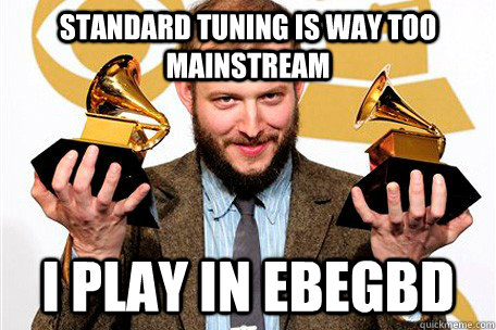 standard tuning is way too mainstream I play in ebegbd  Bon Iver Meme