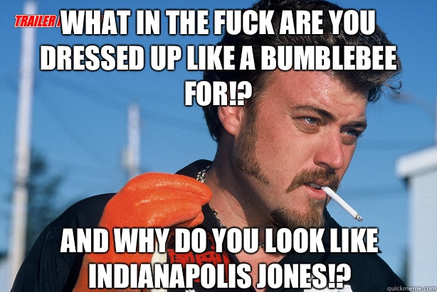 What in the fuck are you dressed up like a bumblebee for!? And why do you look like indianapolis jones!?  Ricky Trailer Park Boys