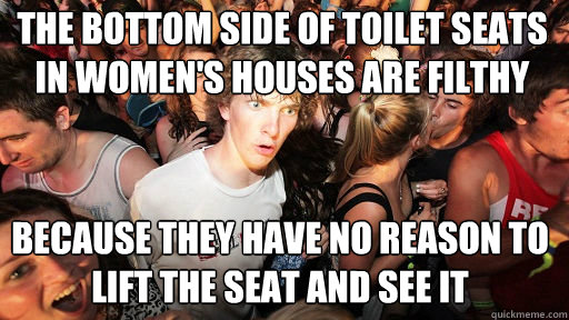 the bottom side of toilet seats in women's houses are filthy 
 because they have no reason to lift the seat and see it - the bottom side of toilet seats in women's houses are filthy 
 because they have no reason to lift the seat and see it  Sudden Clarity Clarence