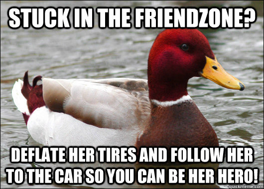 Stuck in the friendzone? Deflate her tires and follow her to the car so you can be her hero!  Malicious Advice Mallard