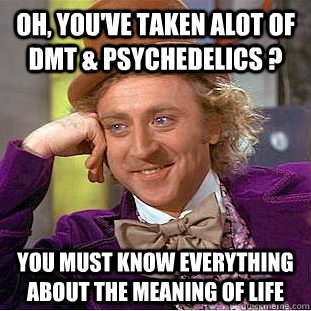 Oh, you've taken alot of DMT & psychedelics ? You must know everything about the meaning of life - Oh, you've taken alot of DMT & psychedelics ? You must know everything about the meaning of life  Condescending Wonka