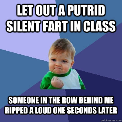 Let out a putrid silent fart in class Someone in the row behind me ripped a loud one seconds later  Success Kid