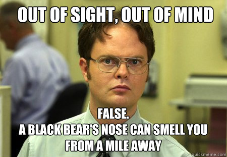 out of sight, out of mind FALSE.  
a black bear's nose can smell you from a mile away - out of sight, out of mind FALSE.  
a black bear's nose can smell you from a mile away  Schrute