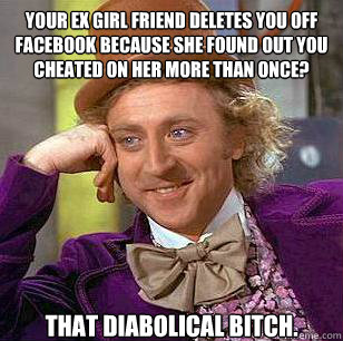 Your ex girl friend deletes you off facebook because she found out you cheated on her more than once? that diabolical bitch.
  Condescending Wonka