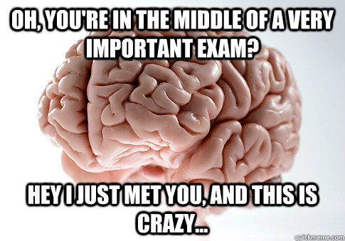 Oh, you're in the middle of a very important exam? Hey i just met you, and this is crazy...  Scumbag Brain