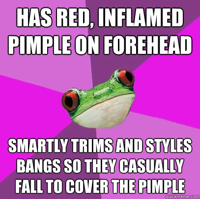 has red, inflamed pimple on forehead smartly trims and styles bangs so they casually fall to cover the pimple  Foul Bachelorette Frog