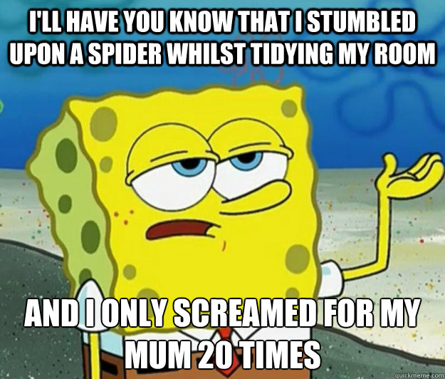 I'll have you know that i stumbled upon a spider whilst tidying my room and i only screamed for my Mum 20 times  Tough Spongebob