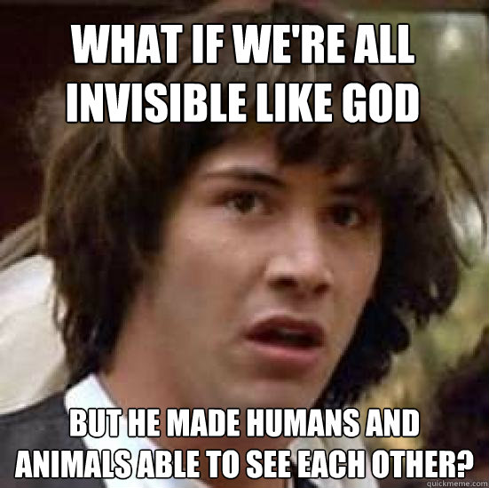 What if we're all invisible like god But he made humans and animals able to see each other? - What if we're all invisible like god But he made humans and animals able to see each other?  conspiracy keanu