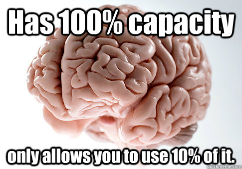 Has 100% capacity only allows you to use 10% of it.   Scumbag Brain