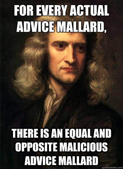 For every actual advice mallard, there is an equal and opposite malicious advice mallard - For every actual advice mallard, there is an equal and opposite malicious advice mallard  Sir Isaac Newton