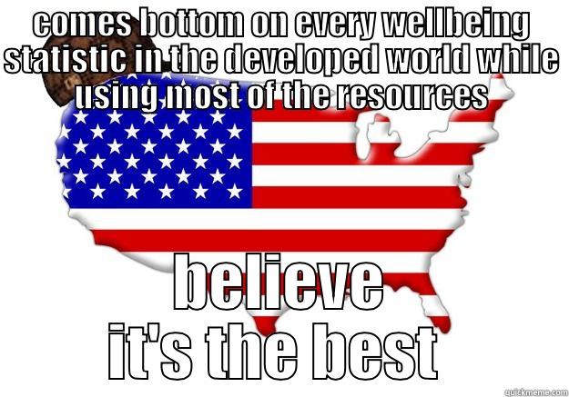 COMES BOTTOM ON EVERY WELLBEING STATISTIC IN THE DEVELOPED WORLD WHILE USING MOST OF THE RESOURCES BELIEVE IT'S THE BEST  Scumbag america