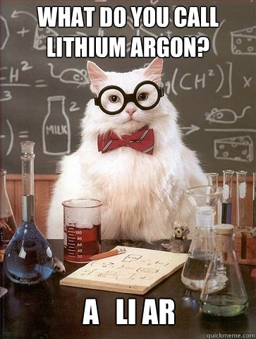 What do you call Lithium Argon? A   Li Ar  Chemistry Cat