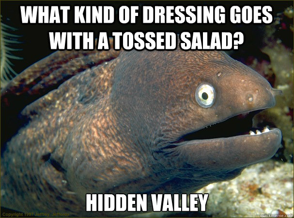 What kind of dressing goes with a tossed salad? Hidden Valley - What kind of dressing goes with a tossed salad? Hidden Valley  Bad Joke Eel