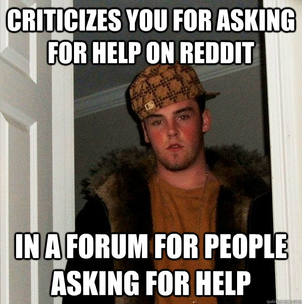 criticizes you for asking for help on reddit in a forum for people asking for help - criticizes you for asking for help on reddit in a forum for people asking for help  Scumbag Steve