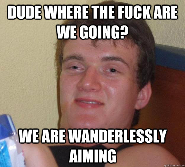 Dude where the fuck are we going? We are wanderlessly  aiming  10 Guy