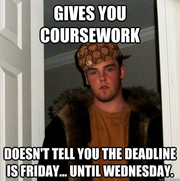 Gives you coursework doesn't tell you the deadline is friday... until wednesday.  Scumbag Steve