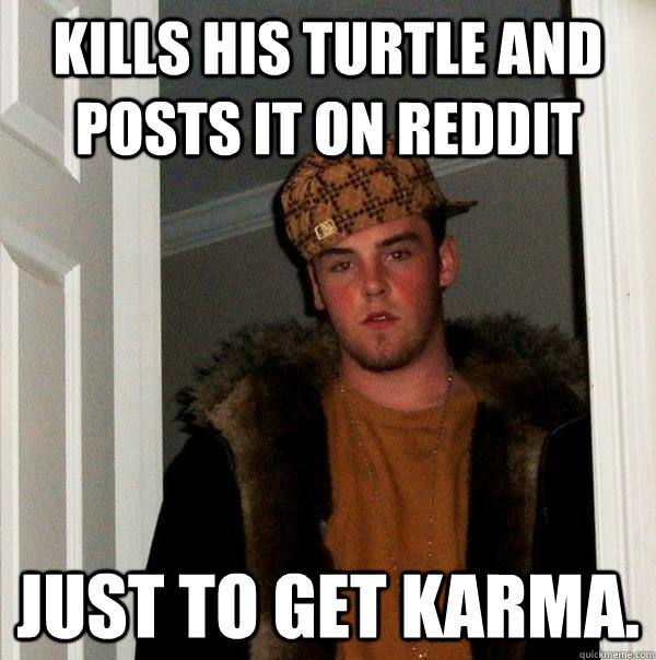 Kills his turtle and posts it on reddit Just to get karma. - Kills his turtle and posts it on reddit Just to get karma.  Scumbag Steve