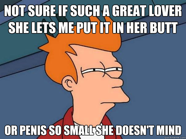 not sure if such a great lover she lets me put it in her butt  or penis so small she doesn't mind  Futurama Fry