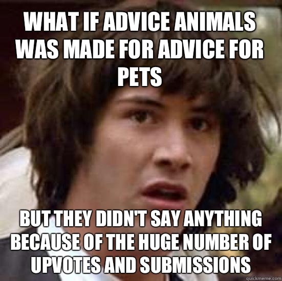 What if advice animals was made for advice for pets But they didn't say anything because of the huge number of upvotes and submissions  conspiracy keanu