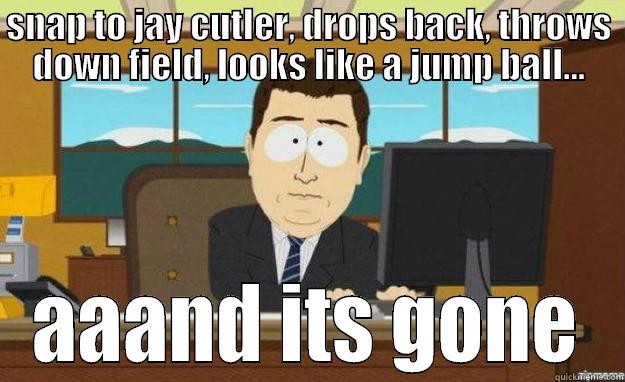 SNAP TO JAY CUTLER, DROPS BACK, THROWS DOWN FIELD, LOOKS LIKE A JUMP BALL... AAAND ITS GONE aaaand its gone