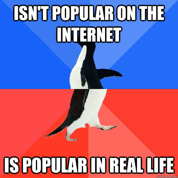 Isn't popular on the internet Is popular in real life  Socially Awkward Awesome Penguin