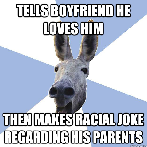 tells boyfriend he loves him then makes racial joke regarding his parents  Jackass Boyfriend