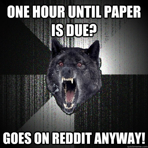 one hour until paper is due? goes on reddit anyway!  Insanity Wolf