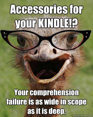 Accessories for your KINDLE!? Your comprehension failure is as wide in scope as it is deep.  Judgmental Bookseller Ostrich