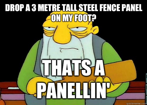 Drop a 3 metre tall steel fence panel on my foot? thats a panellin'  Thats a paddlin