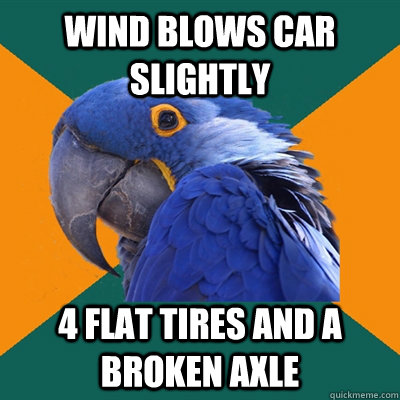 Wind blows car slightly 4 flat tires and a broken axle - Wind blows car slightly 4 flat tires and a broken axle  Paranoid Parrot