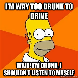 I'm way too drunk to drive Wait! I'm drunk, I shouldn't listen to myself - I'm way too drunk to drive Wait! I'm drunk, I shouldn't listen to myself  Advice Homer