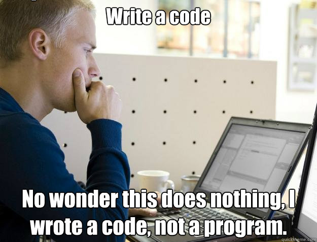 Write a code No wonder this does nothing, I wrote a code, not a program.  Caption 3 goes here - Write a code No wonder this does nothing, I wrote a code, not a program.  Caption 3 goes here  Programmer