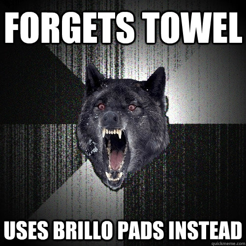 Forgets towel uses Brillo pads instead - Forgets towel uses Brillo pads instead  Insanity Wolf