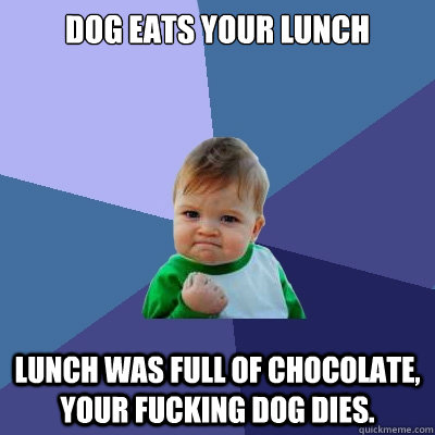 dog eats your lunch Lunch was full of chocolate, your fucking dog dies. - dog eats your lunch Lunch was full of chocolate, your fucking dog dies.  Success Kid