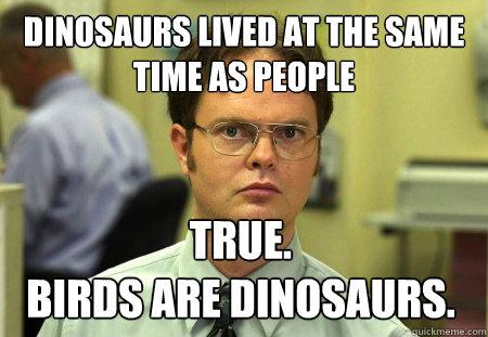 Dinosaurs lived at the same time as People True. 
Birds are Dinosaurs.  Dwight