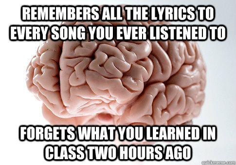 Remembers all the lyrics to every song you ever listened to Forgets what you learned in class two hours ago  Scumbag Brain