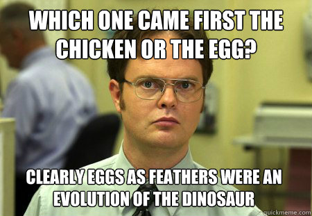 Which one came first the chicken or the egg? Clearly eggs as feathers were an evolution of the dinosaur  Dwight