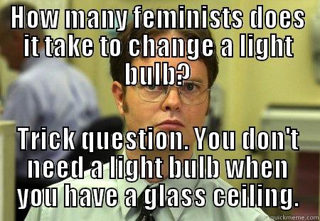 HOW MANY FEMINISTS DOES IT TAKE TO CHANGE A LIGHT BULB? TRICK QUESTION. YOU DON'T NEED A LIGHT BULB WHEN YOU HAVE A GLASS CEILING. Dwight