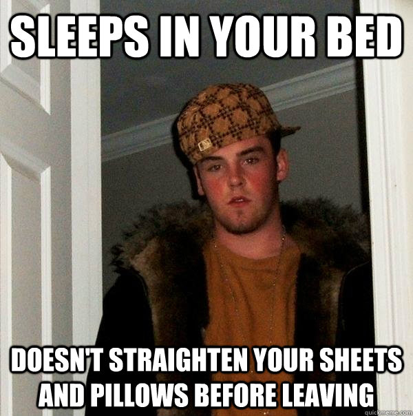 Sleeps in your bed doesn't straighten your sheets and pillows before leaving  Scumbag Steve