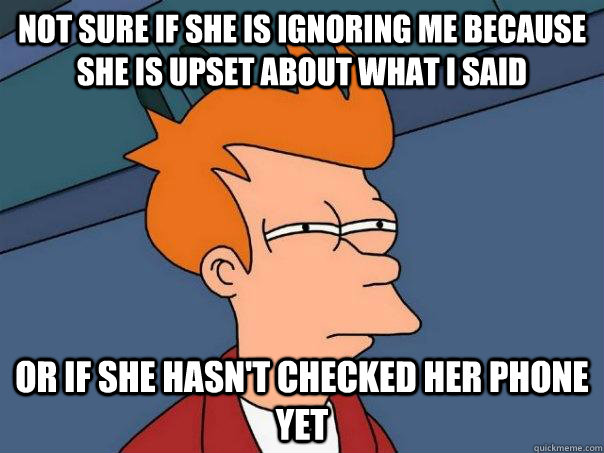 Not sure if she is ignoring me because she is upset about what I said Or if she hasn't checked her phone yet  Futurama Fry